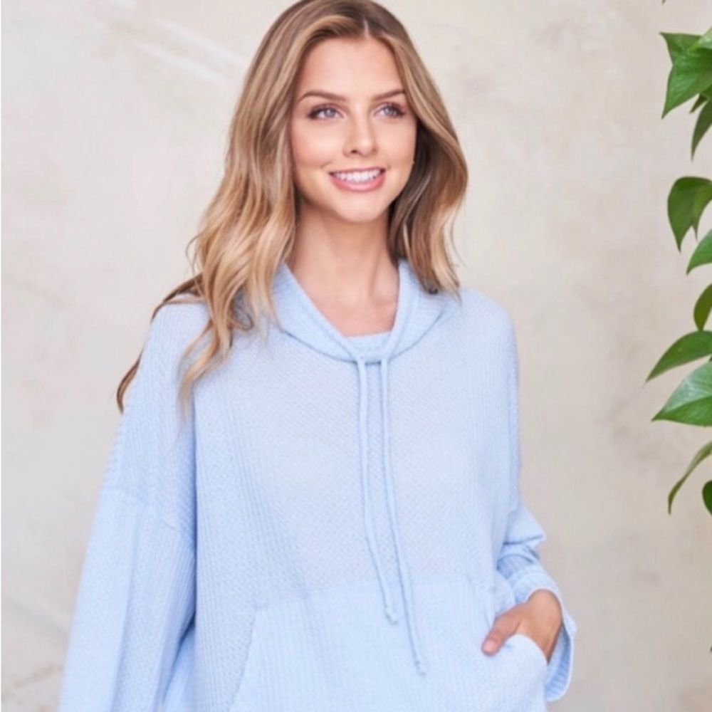 Light Blue Cowl Neck Waffle Top